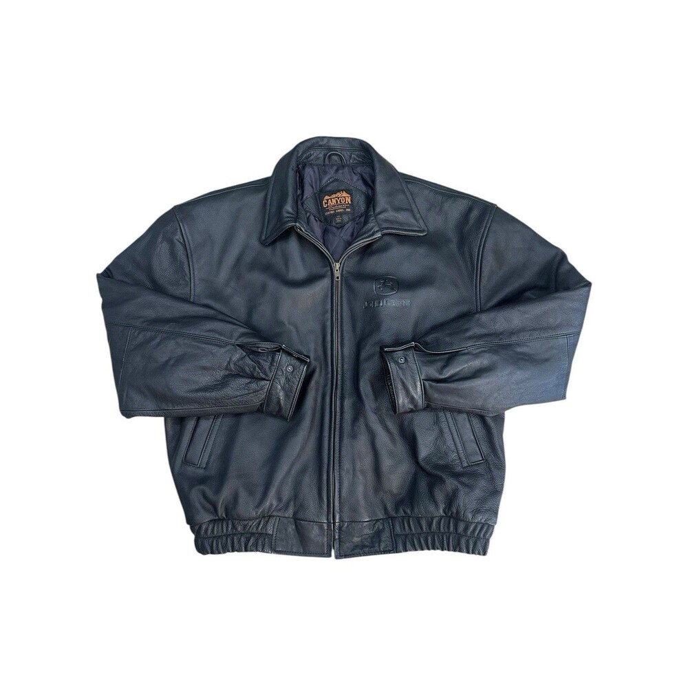 Mens Canyon Outback John Deere XXL Heavy Black Leather Full Zip Bomber Jacket